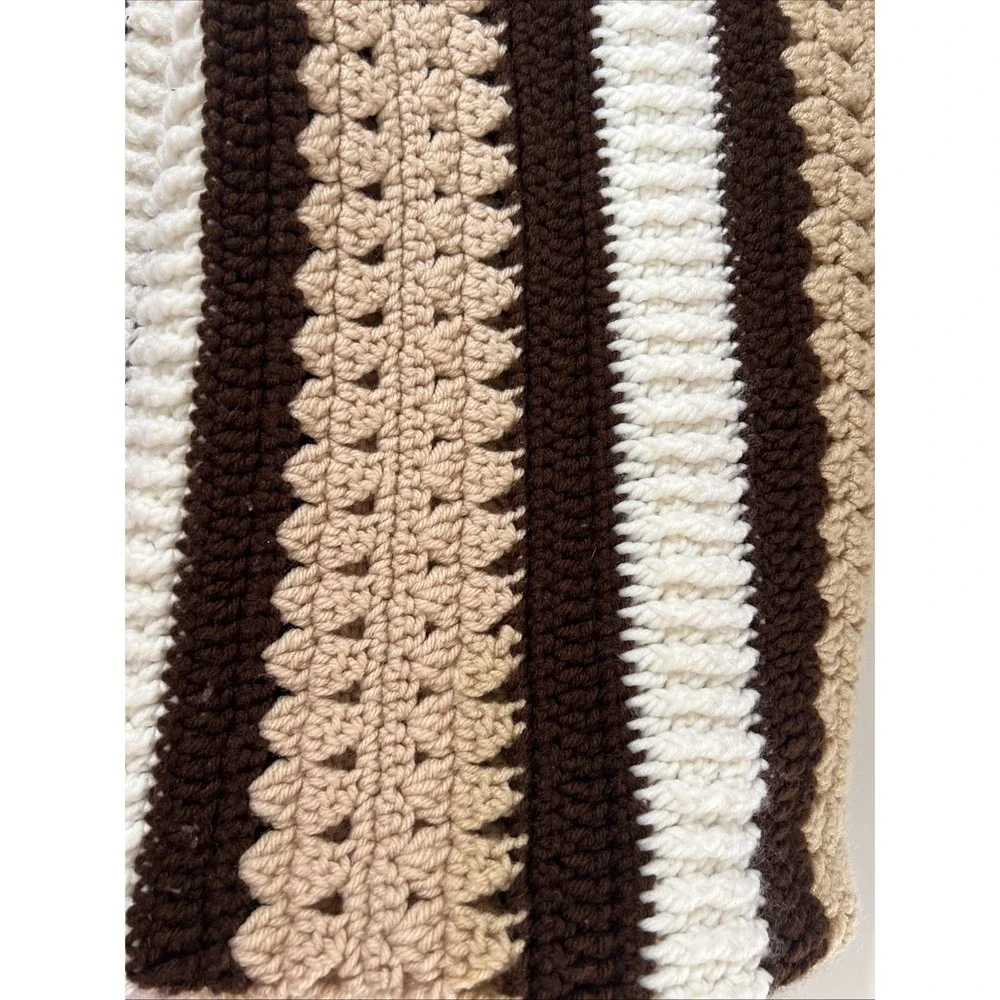 VTG Handmade Crochet Blanket Afghan 70 X 52 Brown/Cream/White Cottagecore Granny